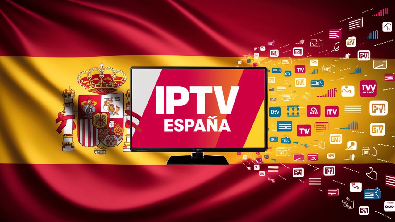 Modern television with the Spanish flag behind it, showcasing 'IPTV España' on the screen