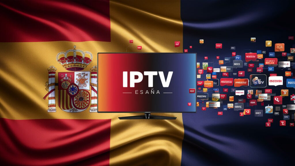 Flat-screen TV displaying the text 'IPTV España' with the flag of Spain in the background